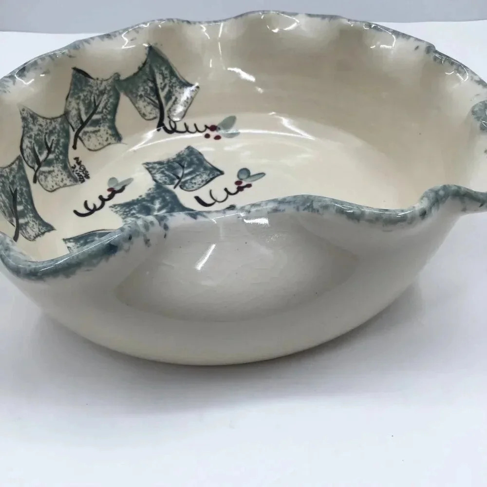 Vintage Abstract Studio Ceramic Ivy Holly Serving Bowl Artist Signed Green Red - Picture 13 of 15